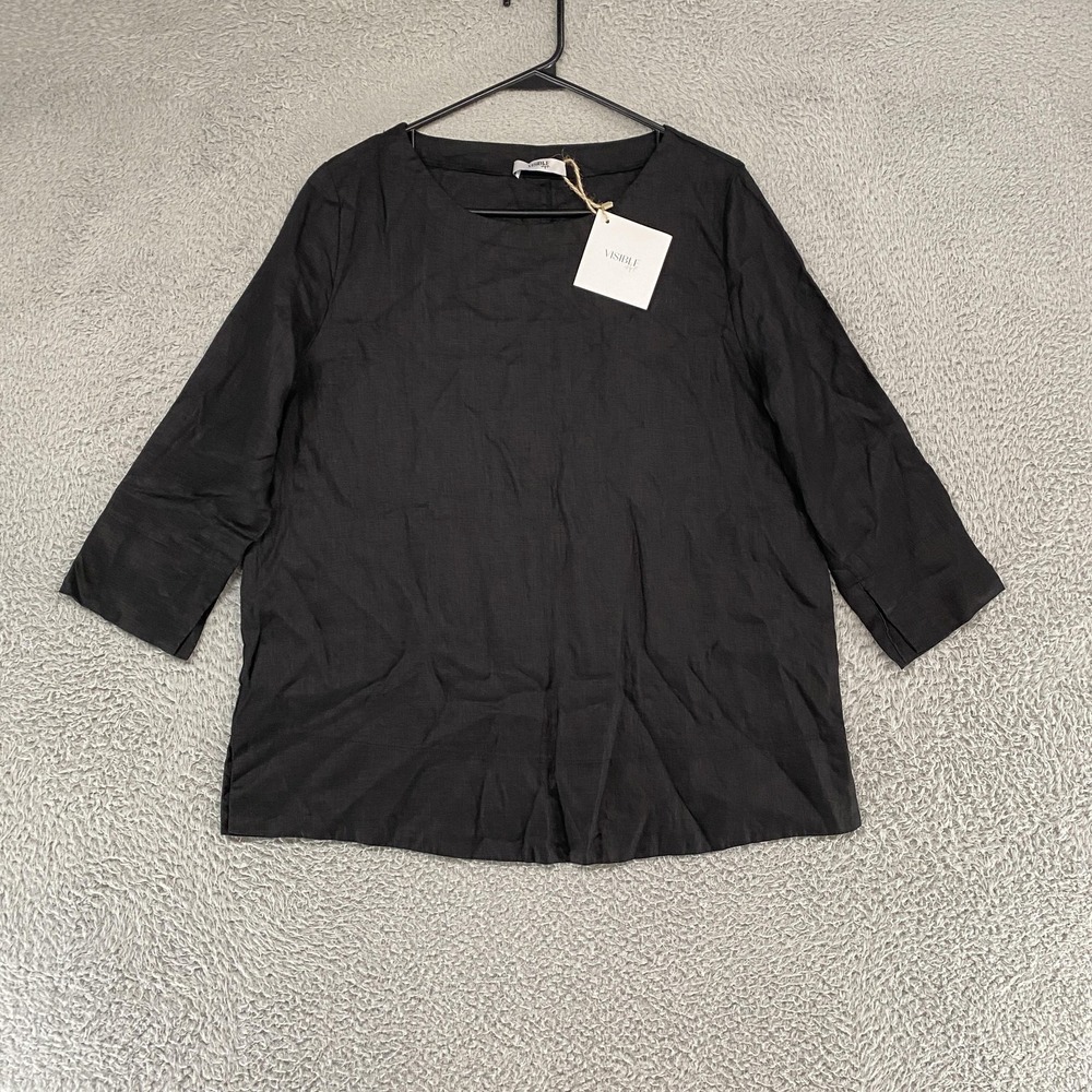 Visible Art Linen Top Womens Large Black Boat Neck 3/4 Sleeve Minimalist Blouse